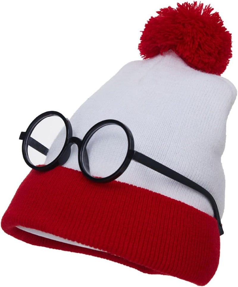 Deboyar Red and White Beanie Hat and Glasses Frame Set Men Women Knitted Hat Halloween Costume Accessory - Image 3